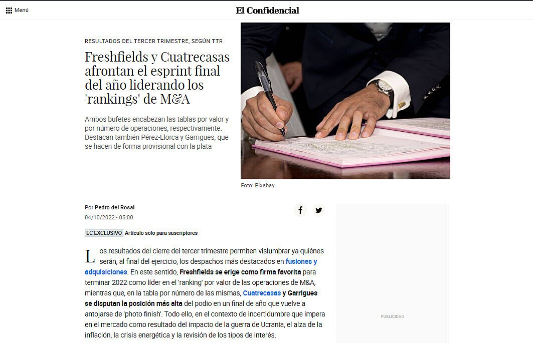 Freshfields y Cuatrecasas afrontan el esprint final del ao liderando los 'rankings' de M&A